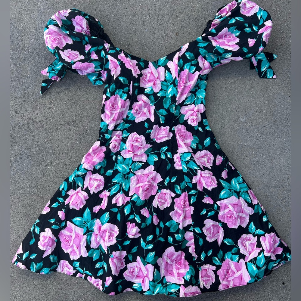 80s Vtg Floral Pink & Green Mini Dress Strapless Puff Prom Dresses Juniors